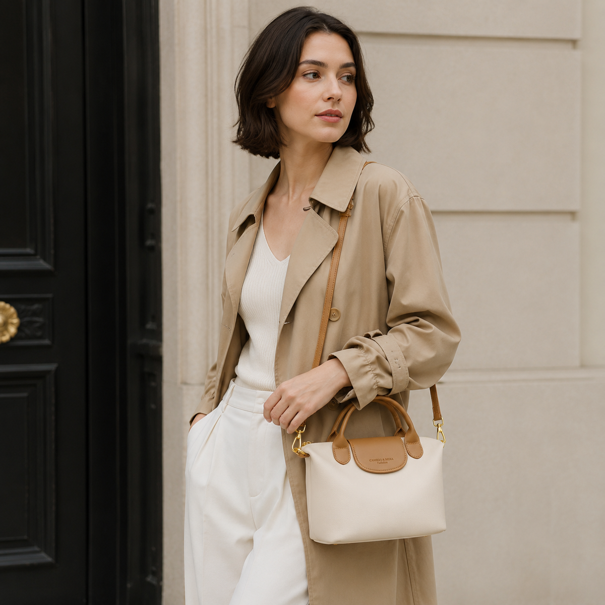 Amélie Contrast-Trim Vegan Leather Top Handle Bag AM29