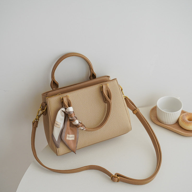 Luxe Pebbled Leather Boston Crossbody Bag with Silk Scarf DW70