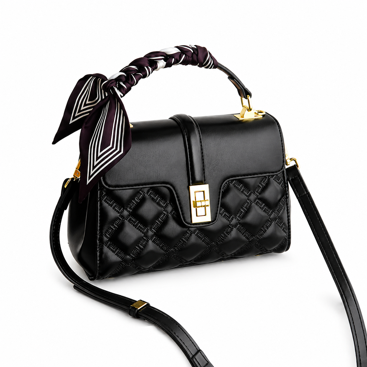 Celina Quilted Lambskin-Feel Top Handle Bag with Silk Scarf DW80