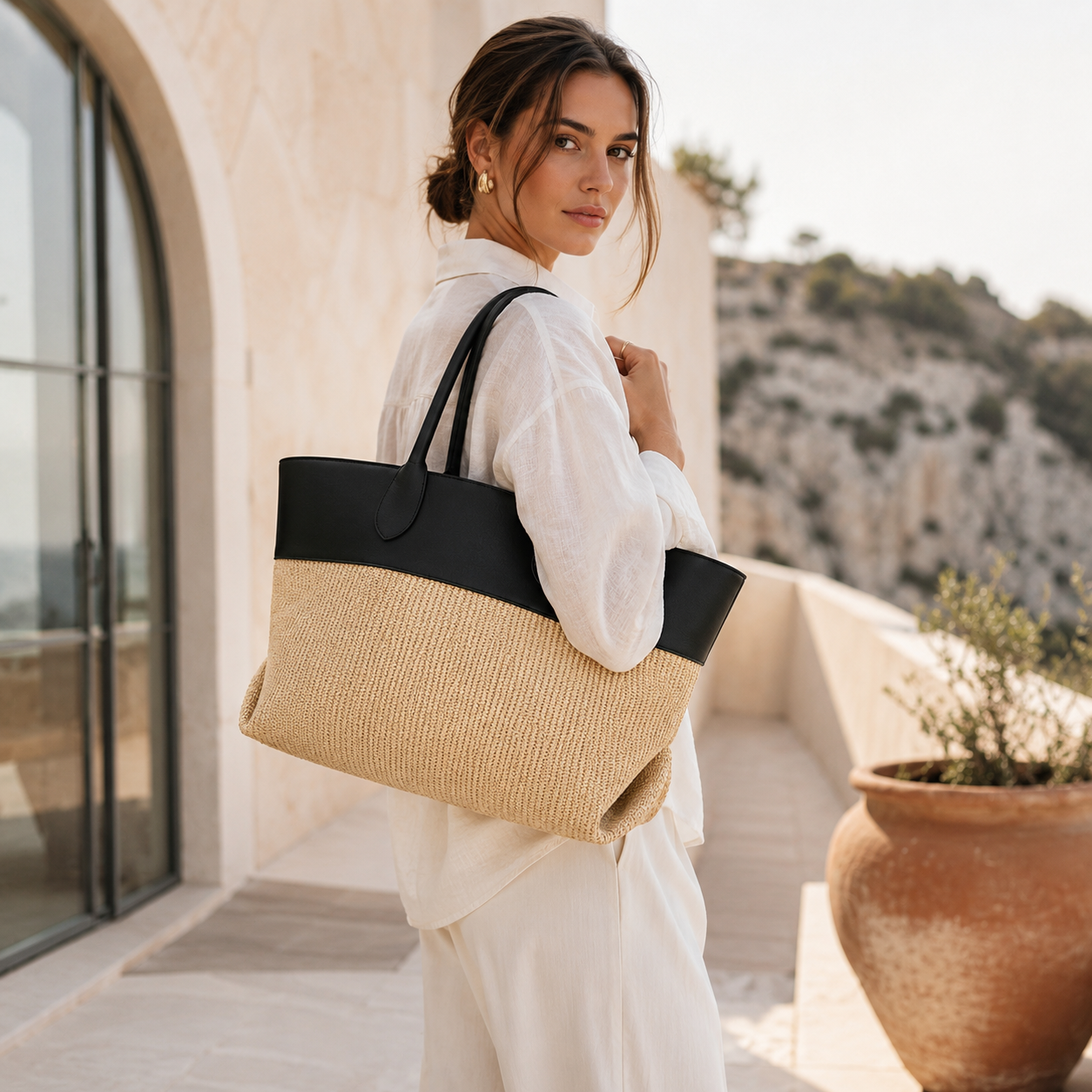 Riviera Raffia Leather-Trim Tote Bag RT63