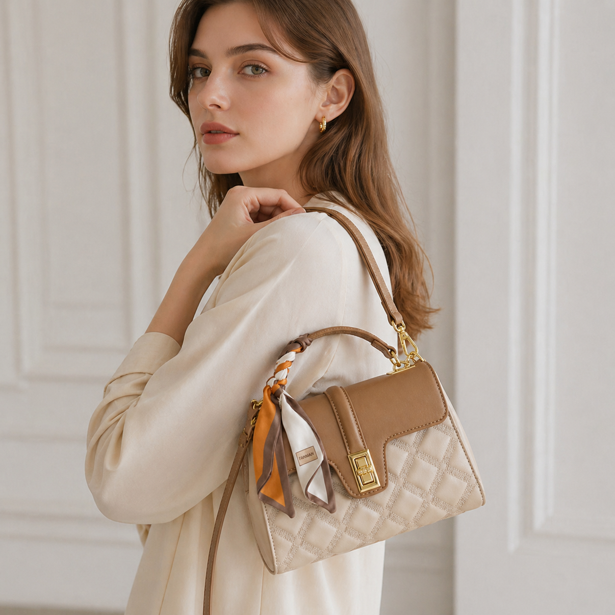 Amélie Quilted Lambskin-Texture Satchel DW504