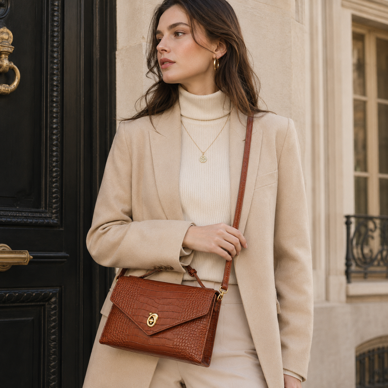 Camille Croc-Embossed Top Handle Bag TR80