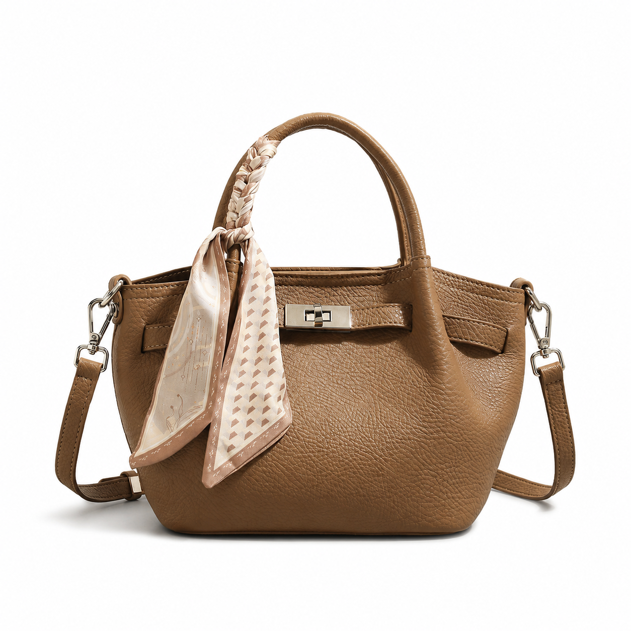 Célestine Silk-Scarf Leather Top Handle Bag CT22