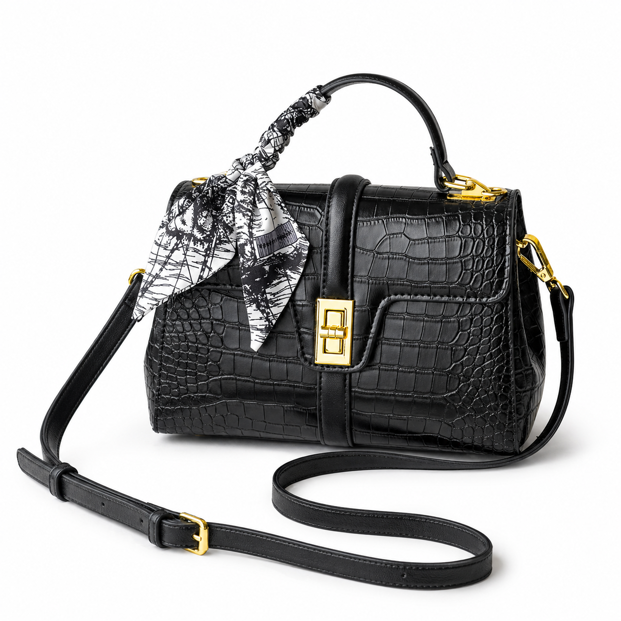 Croc-Embossed Structured Boston Crossbody Bag DW17