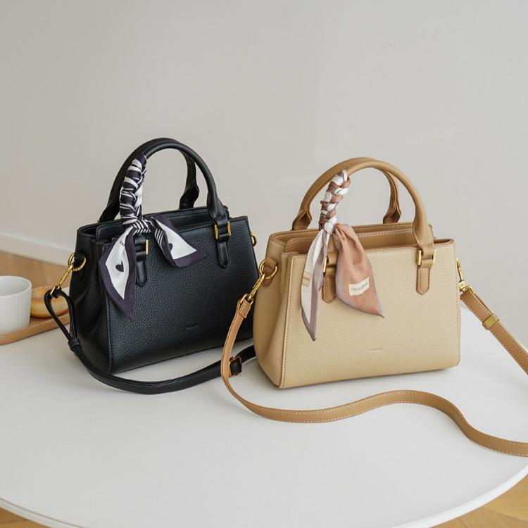 Luxe Pebbled Leather Boston Crossbody Bag with Silk Scarf DW70
