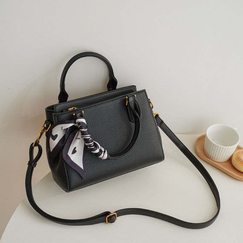 Luxe Pebbled Leather Boston Crossbody Bag with Silk Scarf DW70