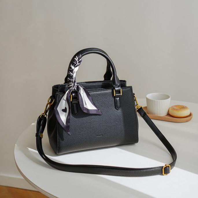 Luxe Pebbled Leather Boston Crossbody Bag with Silk Scarf DW70
