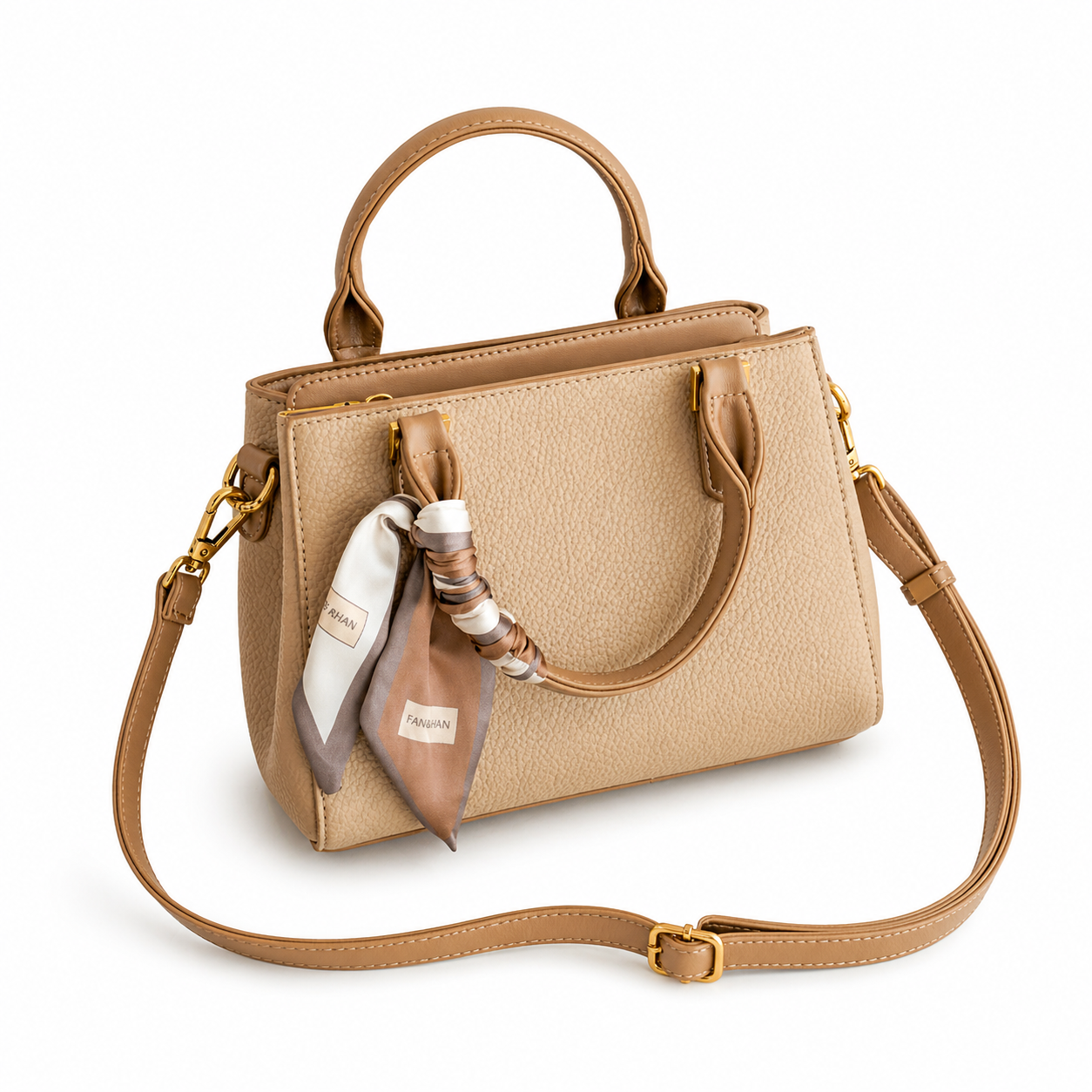 Luxe Pebbled Leather Boston Crossbody Bag with Silk Scarf DW70