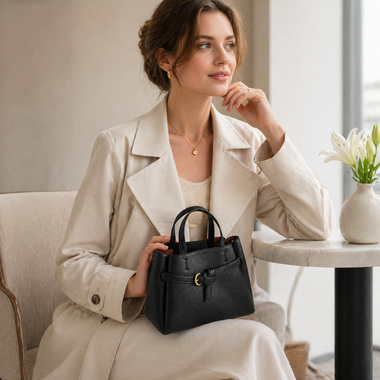 Lychee-Grain Belted Top Handle Bag CJ40